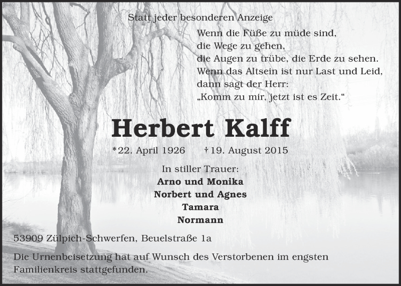  Traueranzeige für Herbert Kalff vom 30.08.2015 aus  Blickpunkt Euskirchen 
