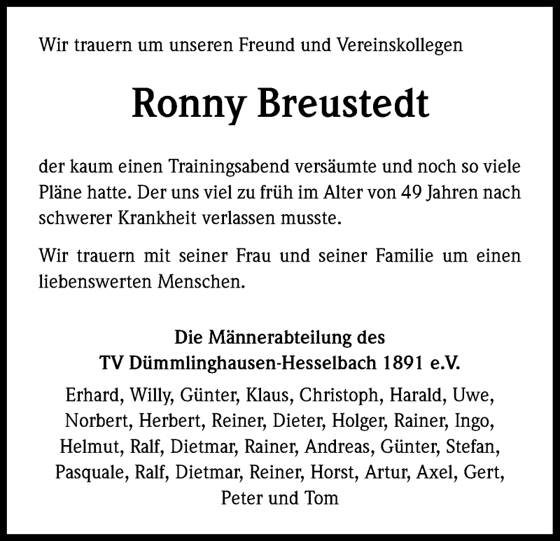  Traueranzeige für Ronny Breustedt vom 27.02.2015 aus Kölner Stadt-Anzeiger / Kölnische Rundschau / Express
