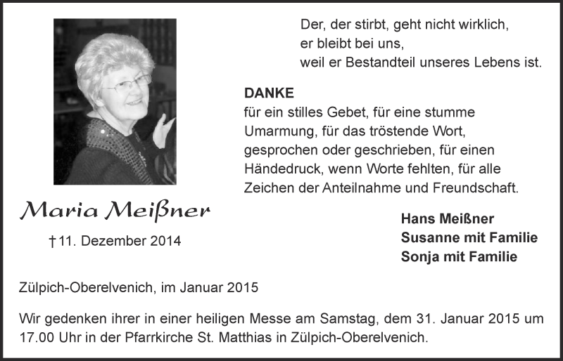  Traueranzeige für Maria Meißner vom 25.01.2015 aus  Blickpunkt Euskirchen 