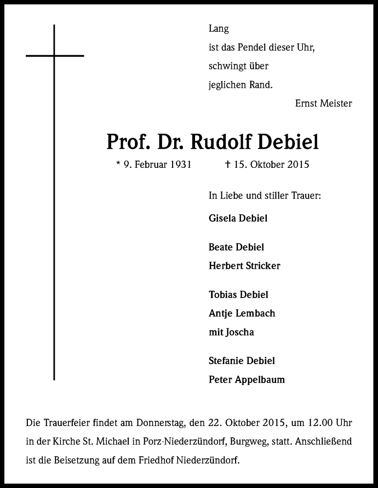  Traueranzeige für Rudolf Debiel vom 17.10.2015 aus Kölner Stadt-Anzeiger / Kölnische Rundschau / Express