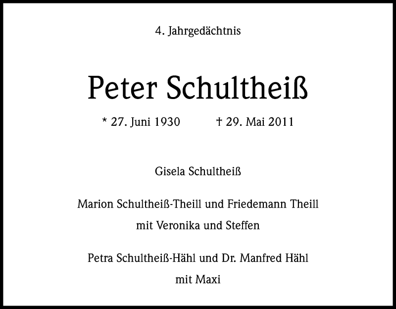  Traueranzeige für Peter Schultheiß vom 29.05.2015 aus Kölner Stadt-Anzeiger / Kölnische Rundschau / Express