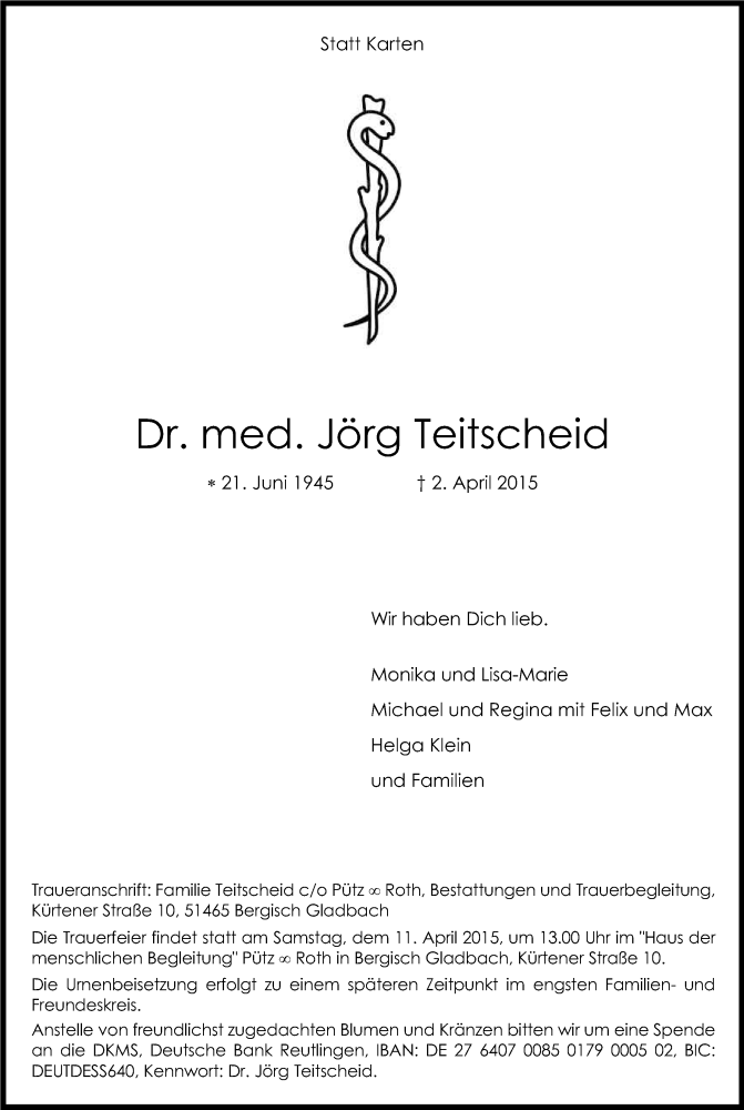  Traueranzeige für Jörg Teitscheid vom 08.04.2015 aus Kölner Stadt-Anzeiger / Kölnische Rundschau / Express