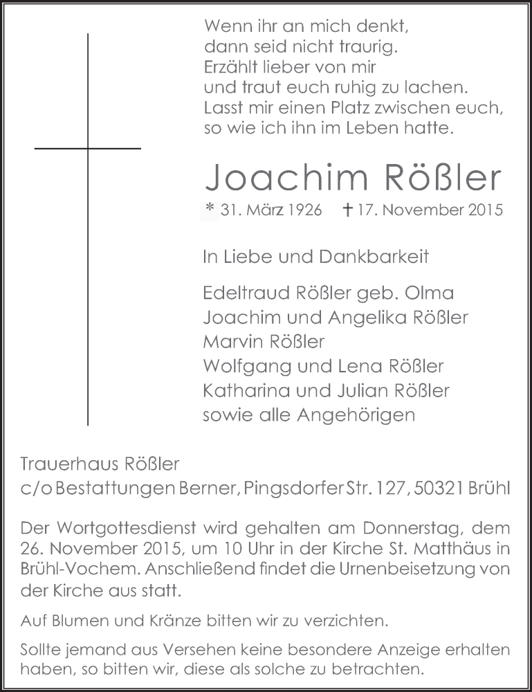  Traueranzeige für Joachim Rößler vom 25.11.2015 aus  Schlossbote/Werbekurier 