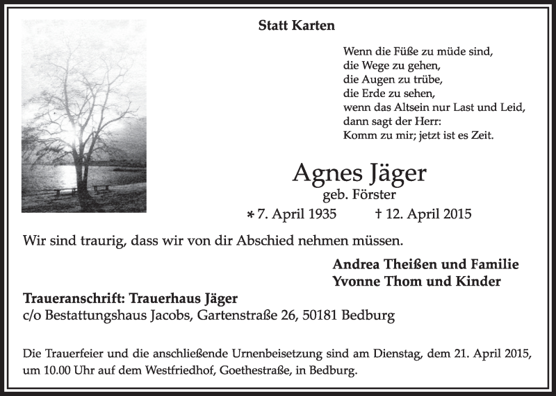  Traueranzeige für Agnes Jäger vom 18.04.2015 aus  Sonntags-Post 