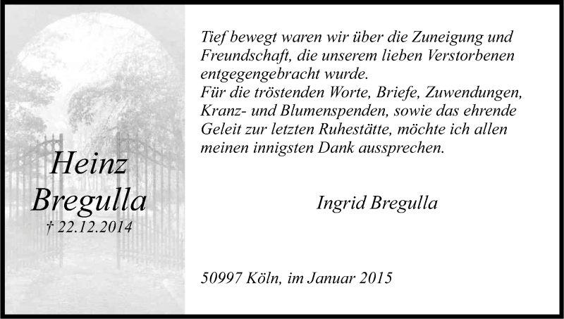  Traueranzeige für Heinz Bregulla vom 24.01.2015 aus Kölner Stadt-Anzeiger / Kölnische Rundschau / Express