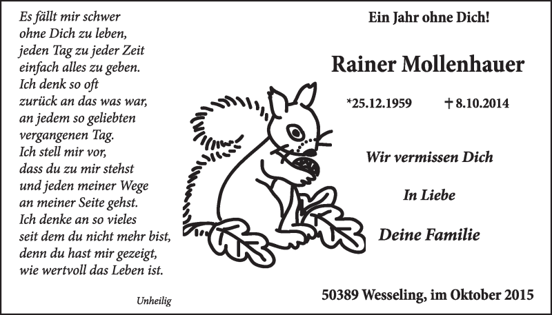  Traueranzeige für Rainer Mollenhauer vom 07.10.2015 aus  Schlossbote/Werbekurier 