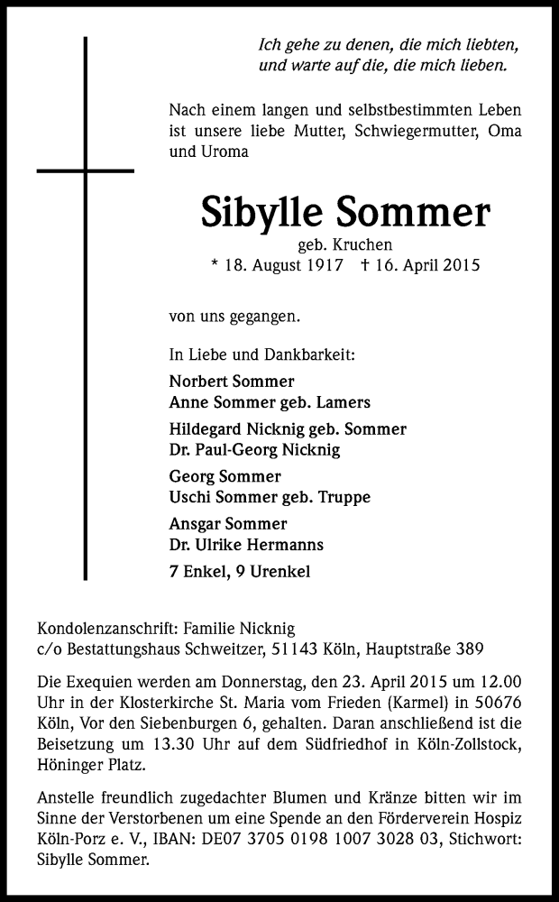  Traueranzeige für Sibylle Sommer vom 20.04.2015 aus Kölner Stadt-Anzeiger / Kölnische Rundschau / Express