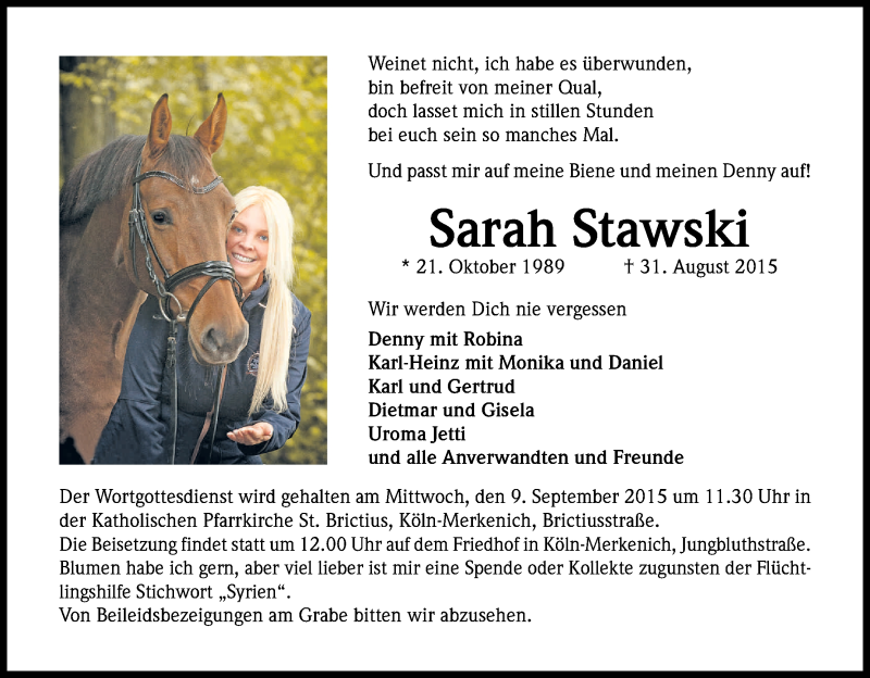  Traueranzeige für Sarah Stawski vom 05.09.2015 aus Kölner Stadt-Anzeiger / Kölnische Rundschau / Express