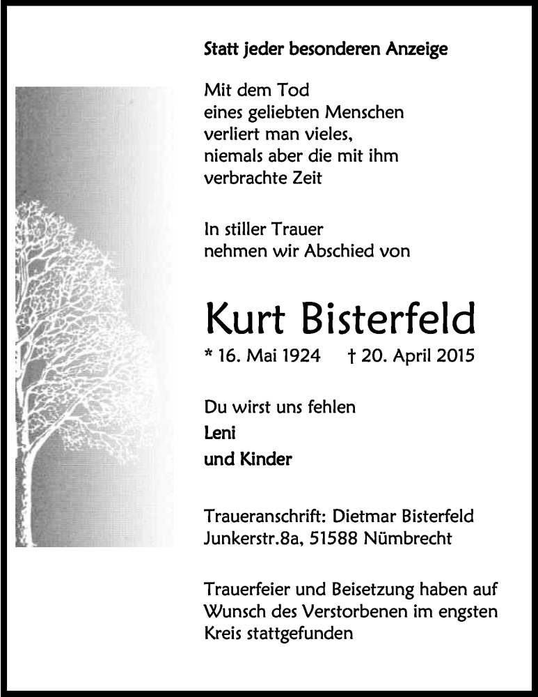  Traueranzeige für Kurt Bisterfeld vom 02.05.2015 aus Kölner Stadt-Anzeiger / Kölnische Rundschau / Express