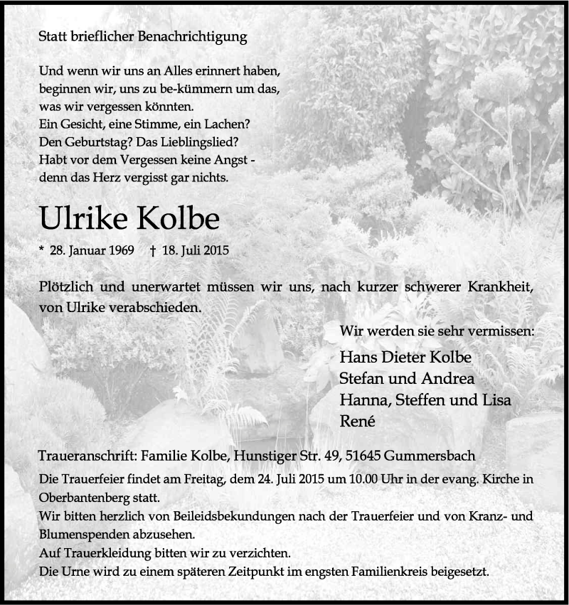  Traueranzeige für Ulrike Kolbe vom 22.07.2015 aus Kölner Stadt-Anzeiger / Kölnische Rundschau / Express
