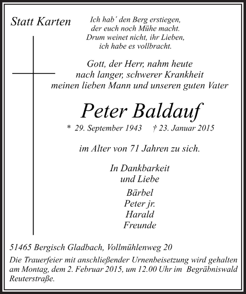  Traueranzeige für Peter Baldauf vom 31.01.2015 aus  Bergisches Sonntagsblatt 