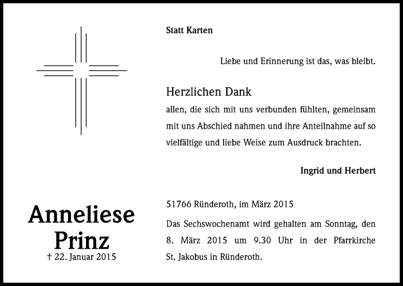  Traueranzeige für Anneliese Prinz vom 04.03.2015 aus Kölner Stadt-Anzeiger / Kölnische Rundschau / Express