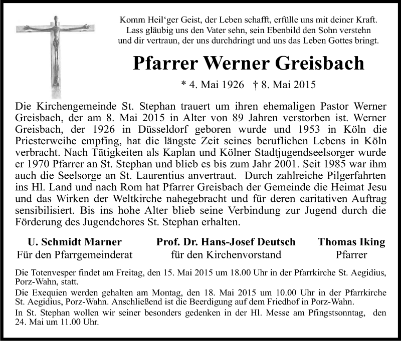  Traueranzeige für Werner Greisbach vom 13.05.2015 aus Kölner Stadt-Anzeiger / Kölnische Rundschau / Express