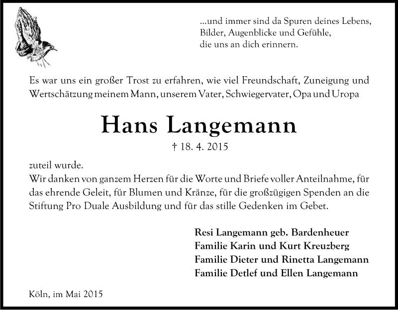  Traueranzeige für Hans Langemann vom 23.05.2015 aus Kölner Stadt-Anzeiger / Kölnische Rundschau / Express