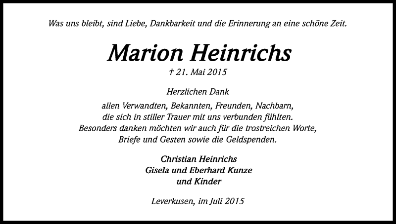 Traueranzeige für Marion Heinrichs vom 04.07.2015 aus Kölner Stadt-Anzeiger / Kölnische Rundschau / Express
