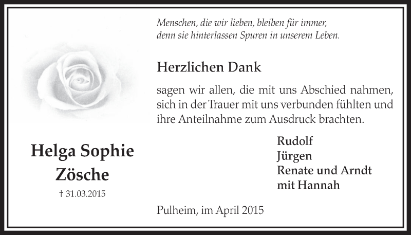  Traueranzeige für Helga Sophie Zösche vom 25.04.2015 aus  Sonntags-Post 