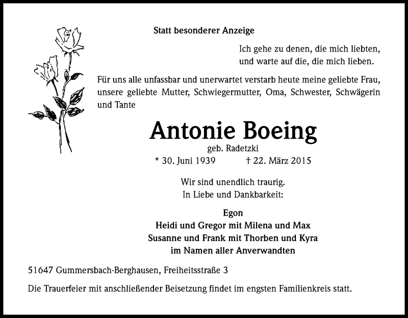  Traueranzeige für Antonie Boeing vom 25.03.2015 aus Kölner Stadt-Anzeiger / Kölnische Rundschau / Express
