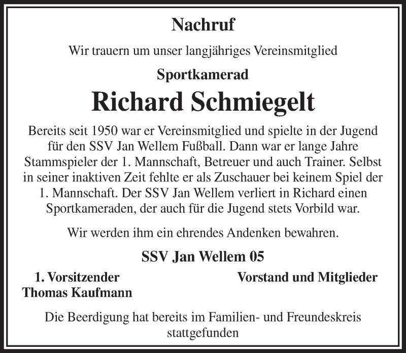  Traueranzeige für Richard Schmiegelt vom 04.03.2015 aus  Bergisches Handelsblatt 