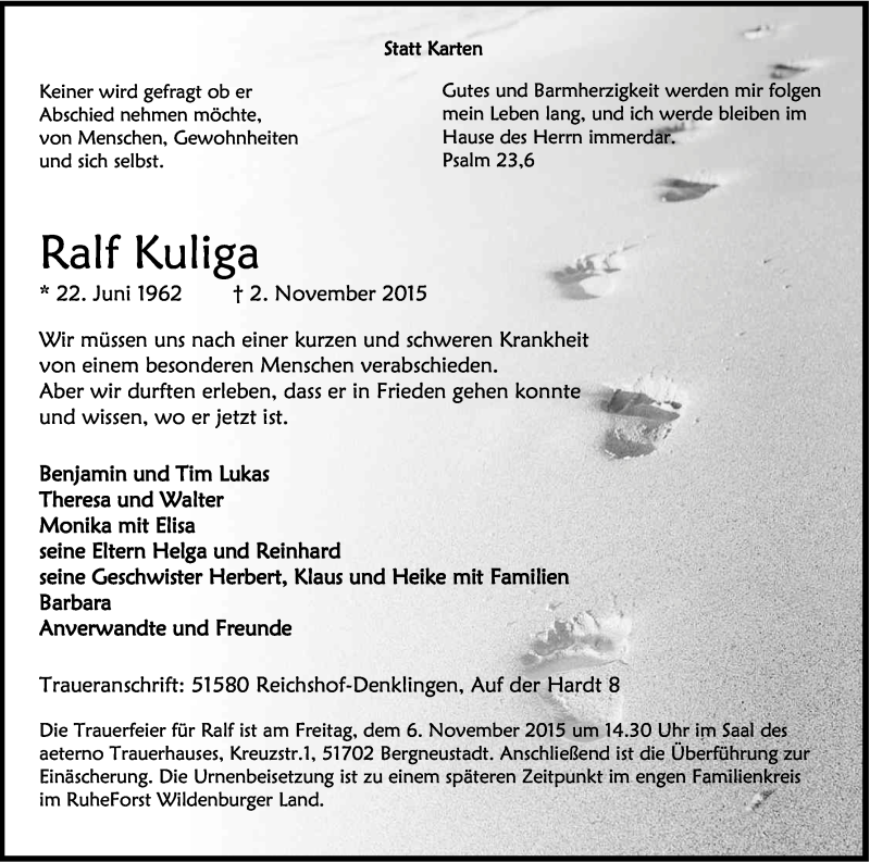  Traueranzeige für Ralf Kuliga vom 04.11.2015 aus Kölner Stadt-Anzeiger / Kölnische Rundschau / Express