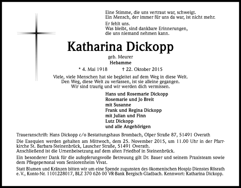  Traueranzeige für Katharina Dickopp vom 17.11.2015 aus Kölner Stadt-Anzeiger / Kölnische Rundschau / Express