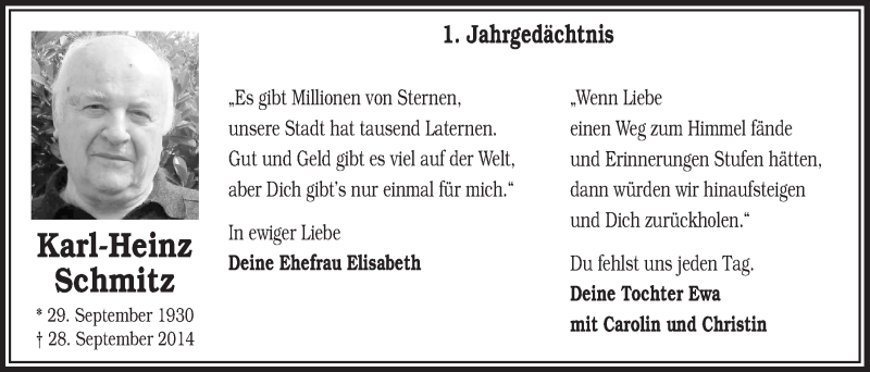  Traueranzeige für Karl-Heinz Schmitz vom 30.09.2015 aus  Bergisches Handelsblatt 