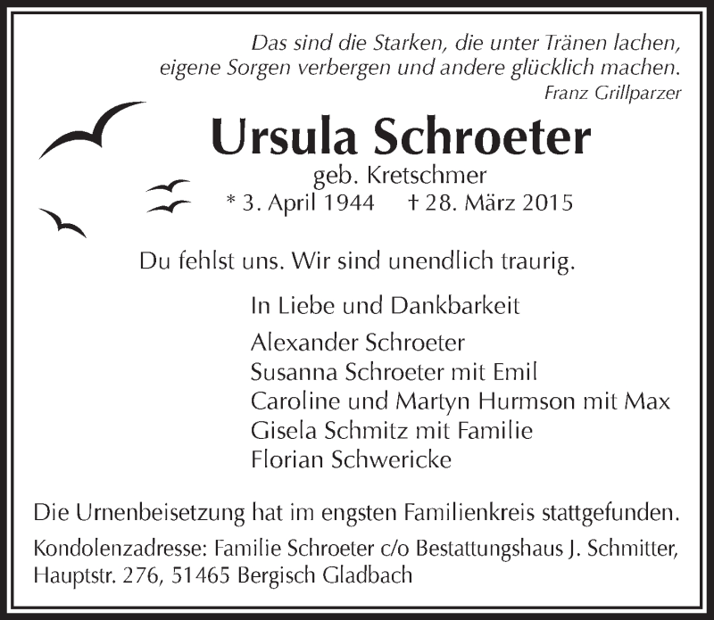  Traueranzeige für Ursula Schroeter vom 29.04.2015 aus  Bergisches Handelsblatt 