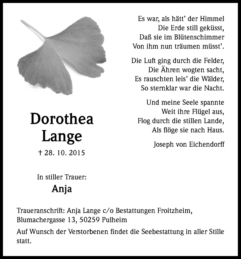 Traueranzeige für Dorothea Lange vom 07.11.2015 aus Kölner Stadt-Anzeiger / Kölnische Rundschau / Express