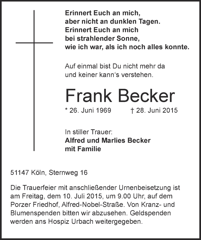  Traueranzeige für Frank Becker vom 08.07.2015 aus  Kölner Wochenspiegel 