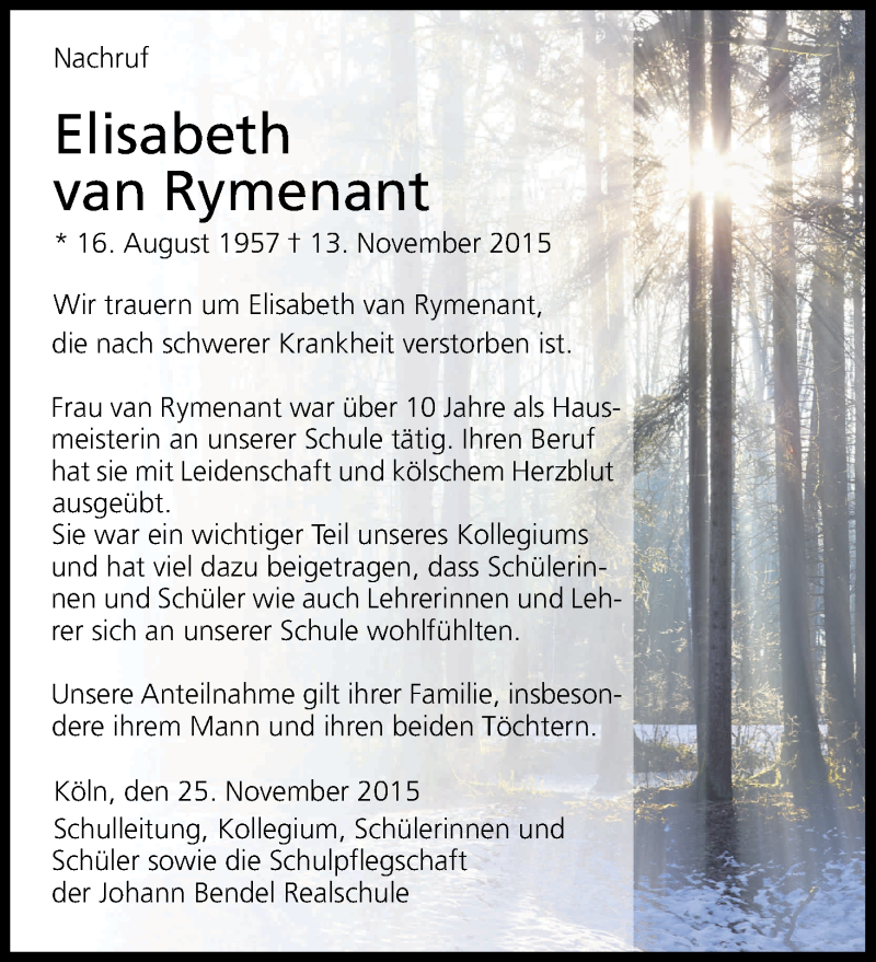  Traueranzeige für Elisabeth van Rymenant vom 25.11.2015 aus Kölner Stadt-Anzeiger / Kölnische Rundschau / Express