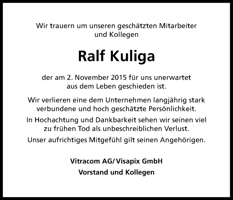  Traueranzeige für Ralf Kuliga vom 04.11.2015 aus Kölner Stadt-Anzeiger / Kölnische Rundschau / Express