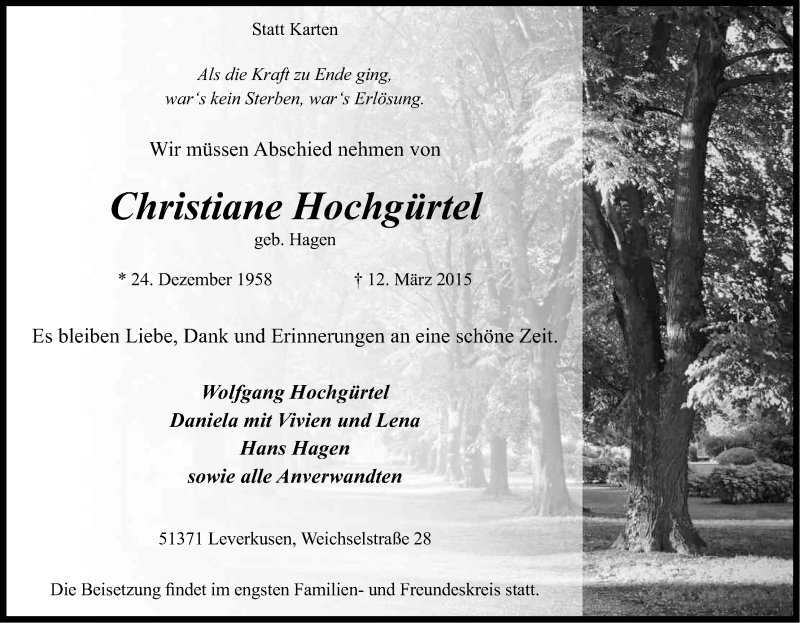  Traueranzeige für Christiane Hochgürtel vom 18.03.2015 aus Kölner Stadt-Anzeiger / Kölnische Rundschau / Express