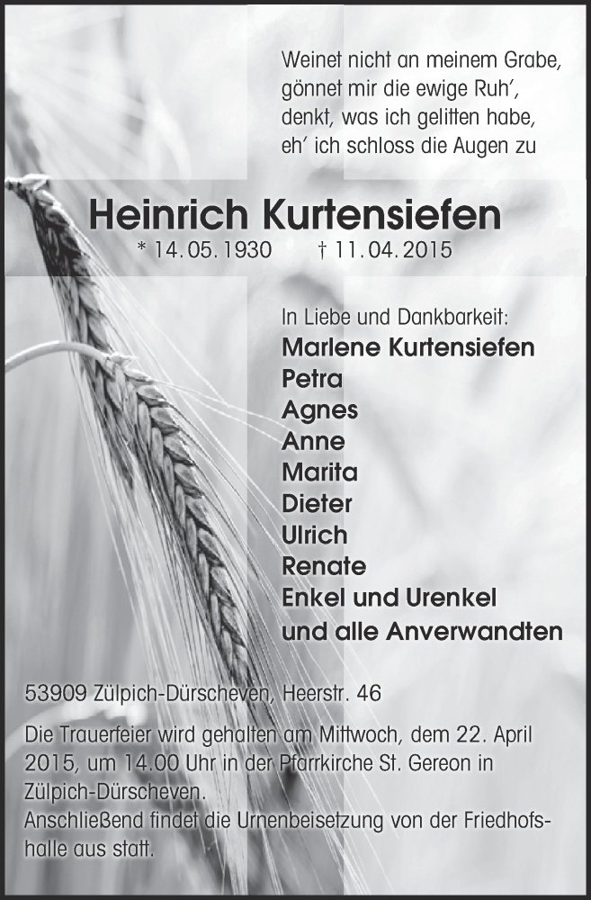  Traueranzeige für Heinrich Kurtensiefen vom 19.04.2015 aus  Blickpunkt Euskirchen 