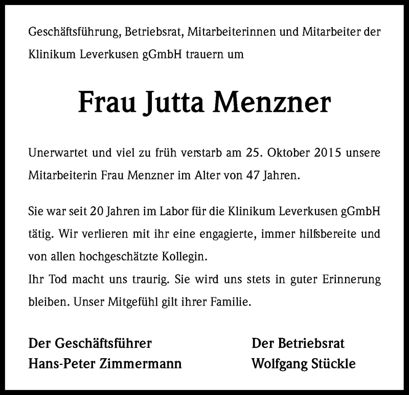  Traueranzeige für Jutta Menzner vom 03.11.2015 aus Kölner Stadt-Anzeiger / Kölnische Rundschau / Express