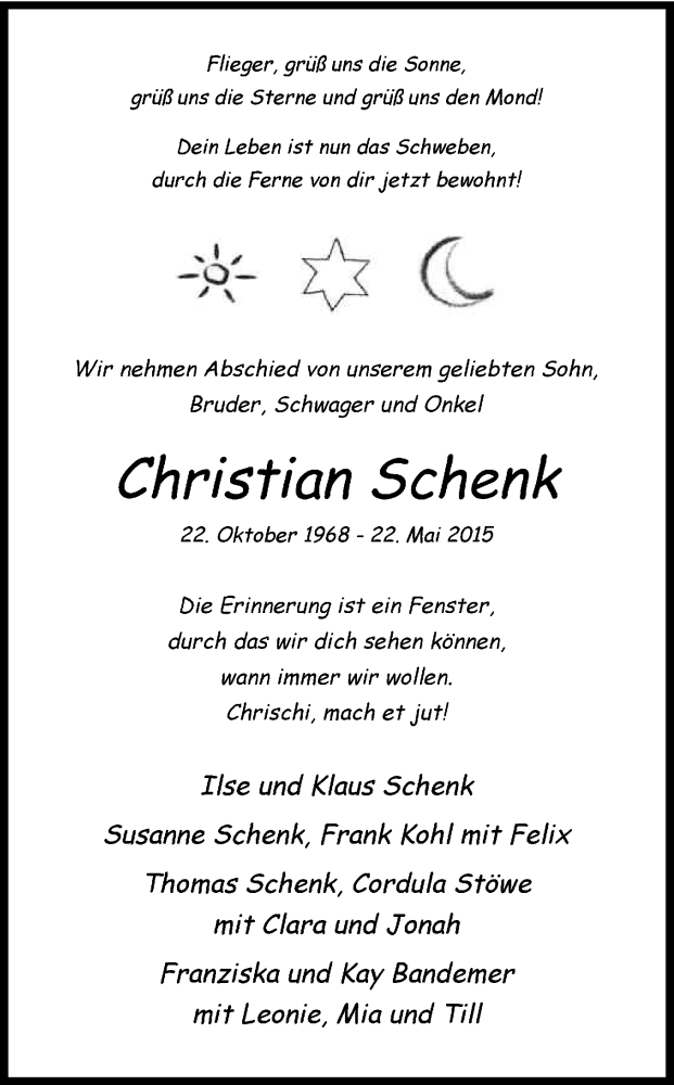  Traueranzeige für Christian Schenk vom 27.05.2015 aus Kölner Stadt-Anzeiger / Kölnische Rundschau / Express