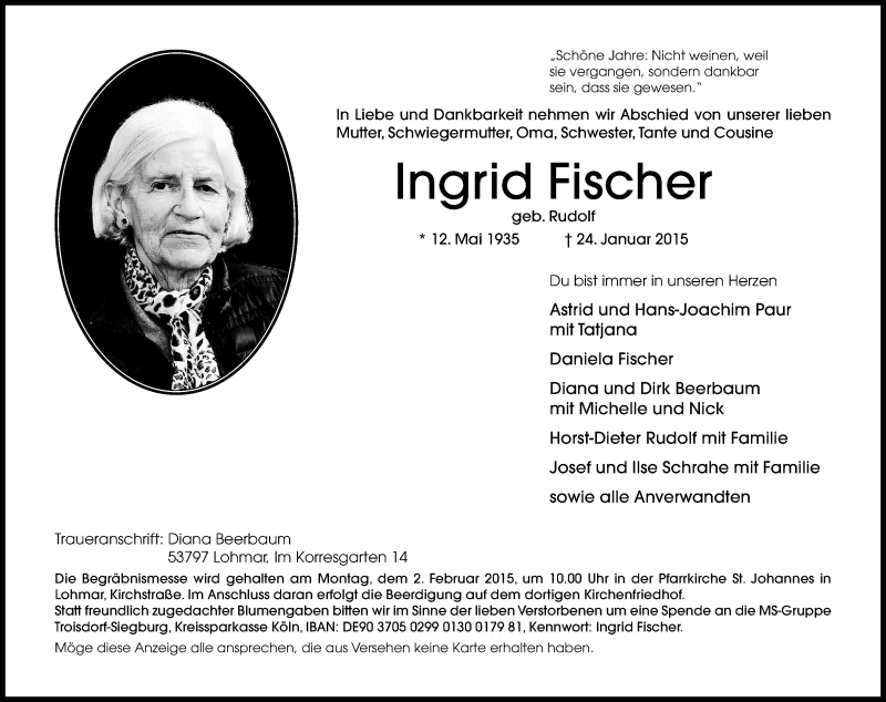 Traueranzeige für Ingrid Fischer vom 29.01.2015 aus Kölner Stadt-Anzeiger / Kölnische Rundschau / Express