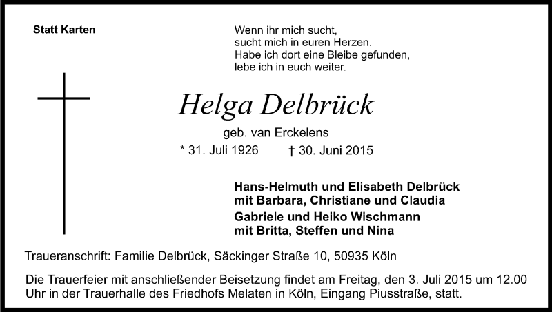  Traueranzeige für Helga Delbrück vom 02.07.2015 aus Kölner Stadt-Anzeiger / Kölnische Rundschau / Express