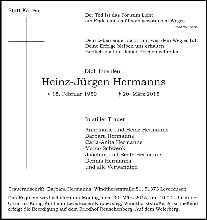  Traueranzeige für Heinz-Jürgen Hermanns vom 26.03.2015 aus Kölner Stadt-Anzeiger / Kölnische Rundschau / Express