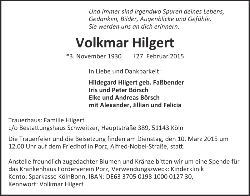  Traueranzeige für Volkmar Hilgert vom 04.03.2015 aus  Kölner Wochenspiegel 