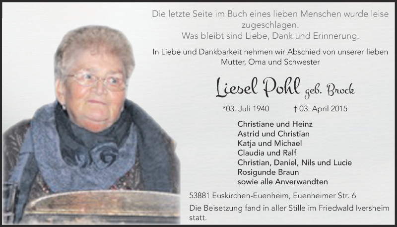  Traueranzeige für Liesel Pohl vom 19.04.2015 aus  Blickpunkt Euskirchen 