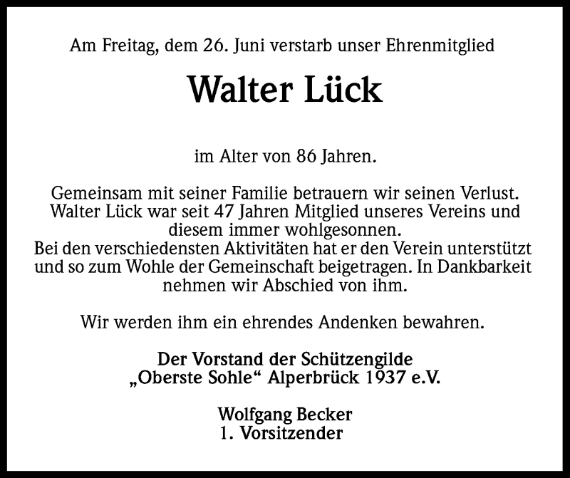  Traueranzeige für Walter Lück vom 02.07.2015 aus Kölner Stadt-Anzeiger / Kölnische Rundschau / Express