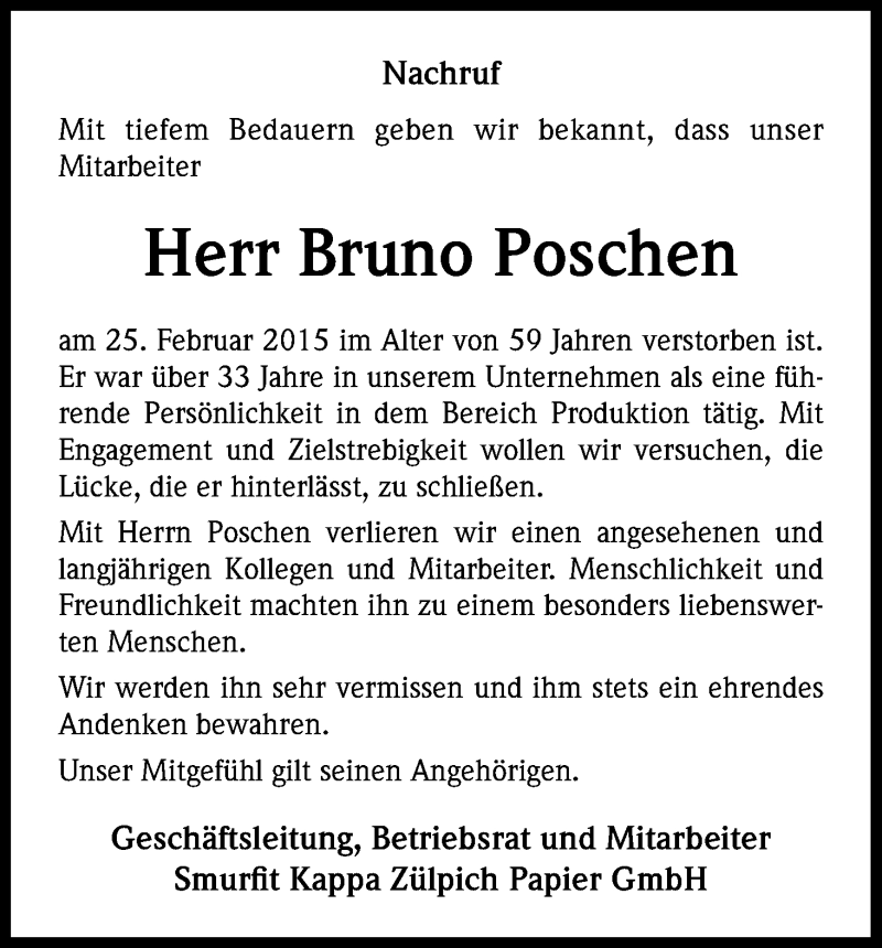  Traueranzeige für Bruno Poschen vom 06.03.2015 aus Kölner Stadt-Anzeiger / Kölnische Rundschau / Express