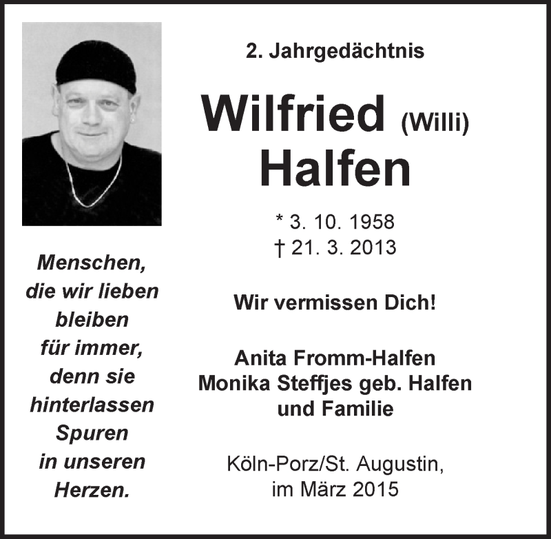  Traueranzeige für Wilfried Halfen vom 25.03.2015 aus  Kölner Wochenspiegel 