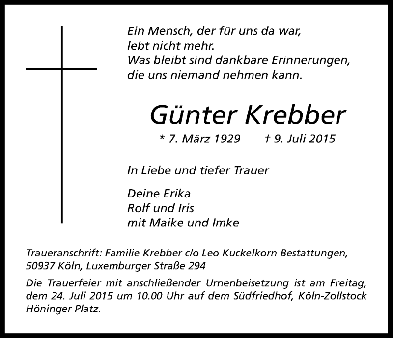  Traueranzeige für Günter Krebber vom 18.07.2015 aus Kölner Stadt-Anzeiger / Kölnische Rundschau / Express