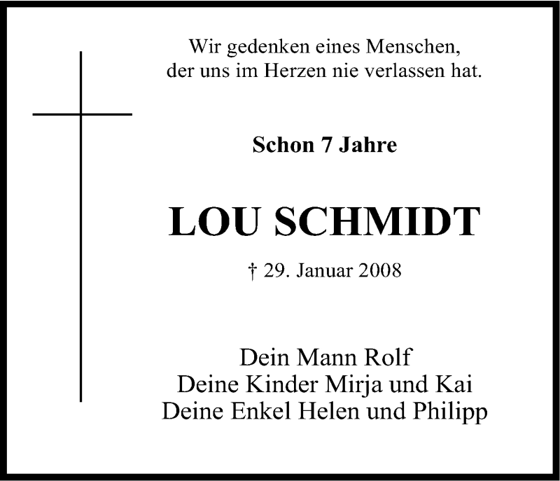  Traueranzeige für Lou Schmidt vom 29.01.2015 aus Kölner Stadt-Anzeiger / Kölnische Rundschau / Express
