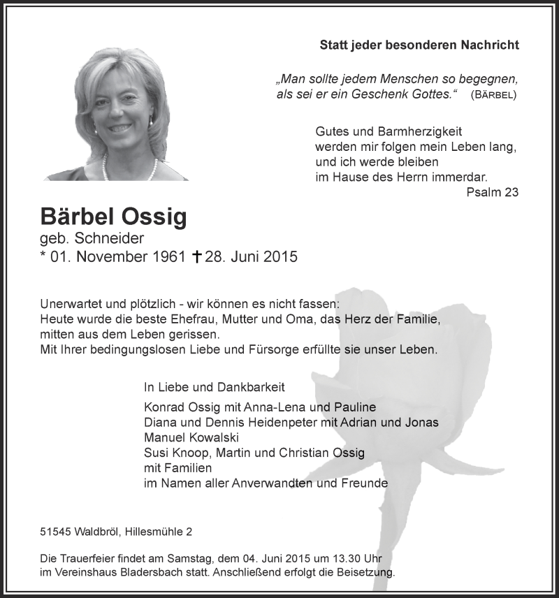  Traueranzeige für Bärbel Ossig vom 01.07.2015 aus  Lokalanzeiger 