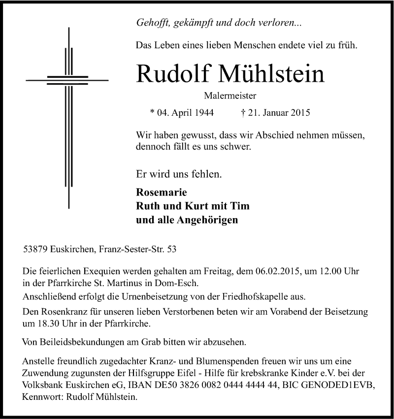  Traueranzeige für Rudolf Mühlstein vom 28.01.2015 aus Kölner Stadt-Anzeiger / Kölnische Rundschau / Express