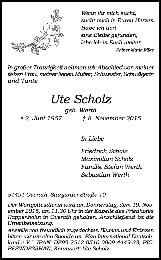  Traueranzeige für Ute Scholz vom 14.11.2015 aus Köln - Wir Trauern