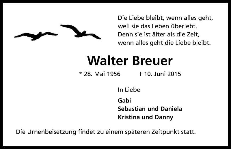  Traueranzeige für Walter Breuer vom 18.06.2015 aus Kölner Stadt-Anzeiger / Kölnische Rundschau / Express