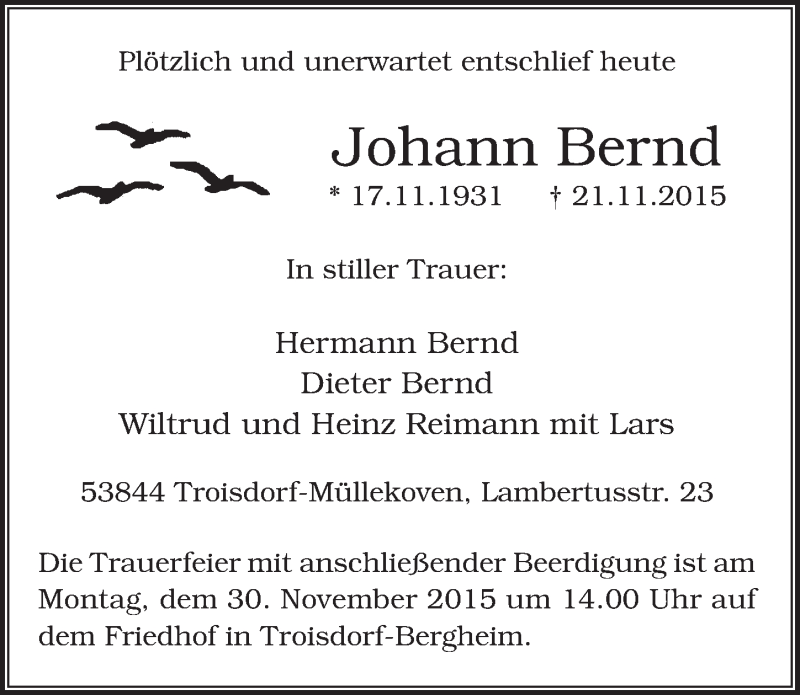  Traueranzeige für Johann Bernd vom 25.11.2015 aus  Extra Blatt 