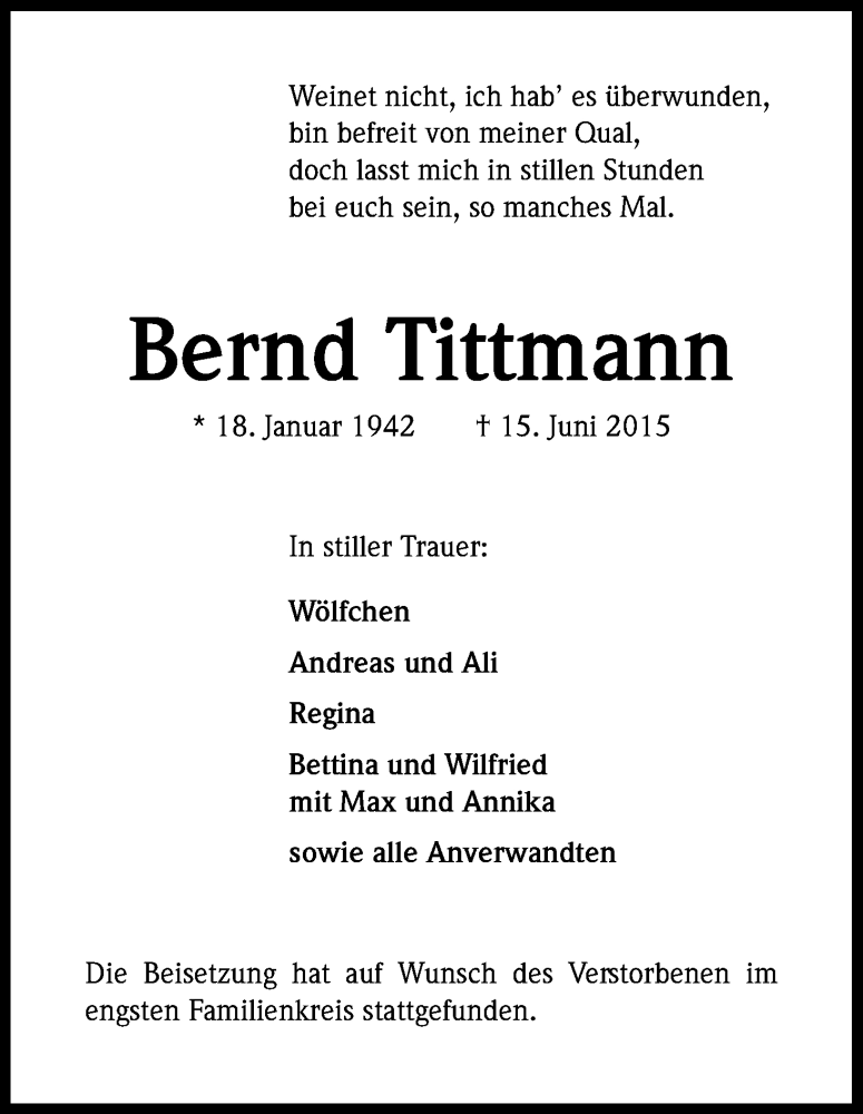  Traueranzeige für Bernd Tittmann vom 02.07.2015 aus Kölner Stadt-Anzeiger / Kölnische Rundschau / Express